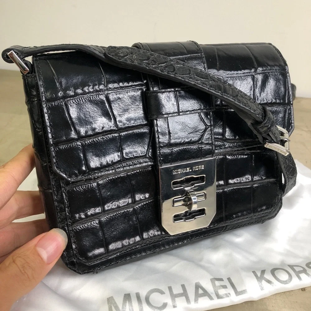 Michael Kors Mila Small Embossed-Leather Messenger Crossbody Bag in Black